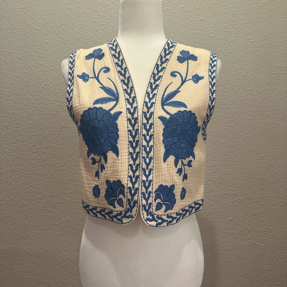 Embroidered Cream and Blue Vest